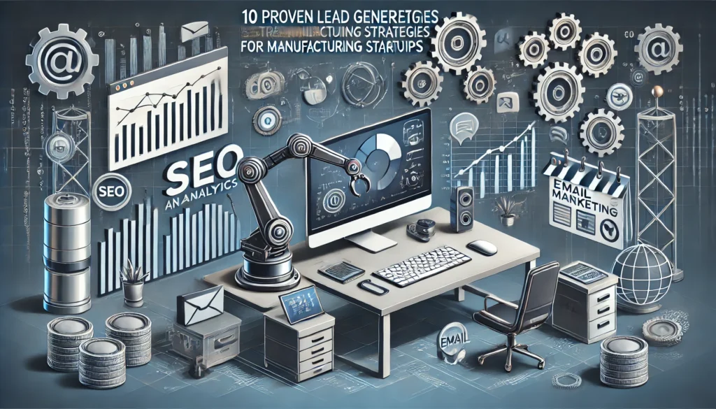 10 Proven Lead Generation Strategies for Manufacturing Startups 8 A modern, sleek illustration depicting a variety of digital marketing tools and strategies specifically for manufacturing startups. Elements include a